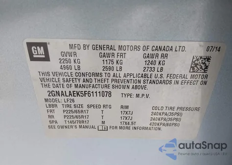 2015 Chevrolet Equinox Ls из США, поврежденный, VIN 2GNALAEK5F6111078